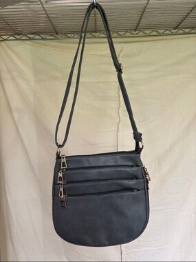 Grey Triple-Zip Expandable Crossbody Bag with Adjustable Strap